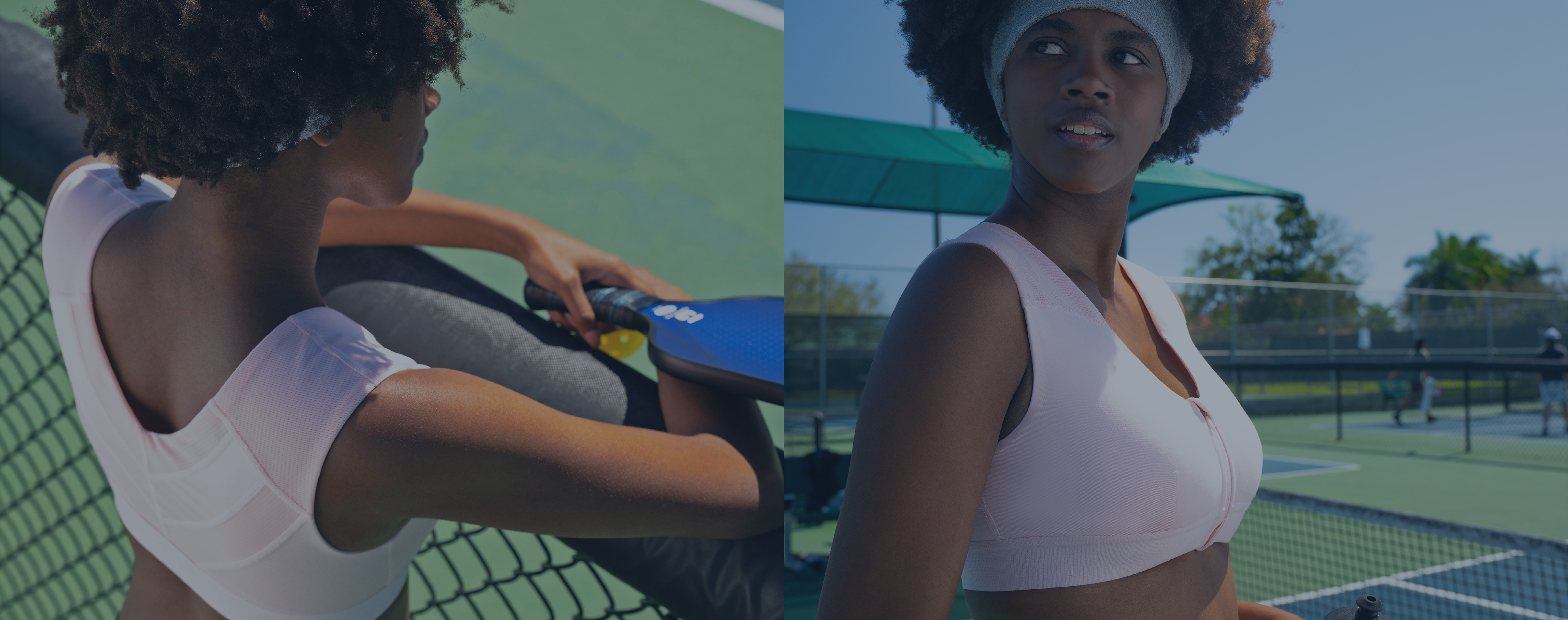 Woman getting ready to play pickleball wearing the Shoulder Support Bra