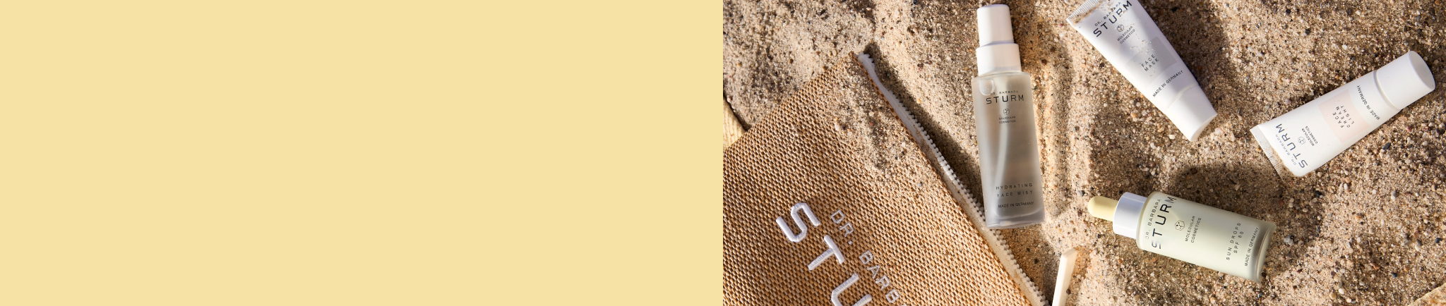 Skincare products arranged on a beige surface with a natural background.