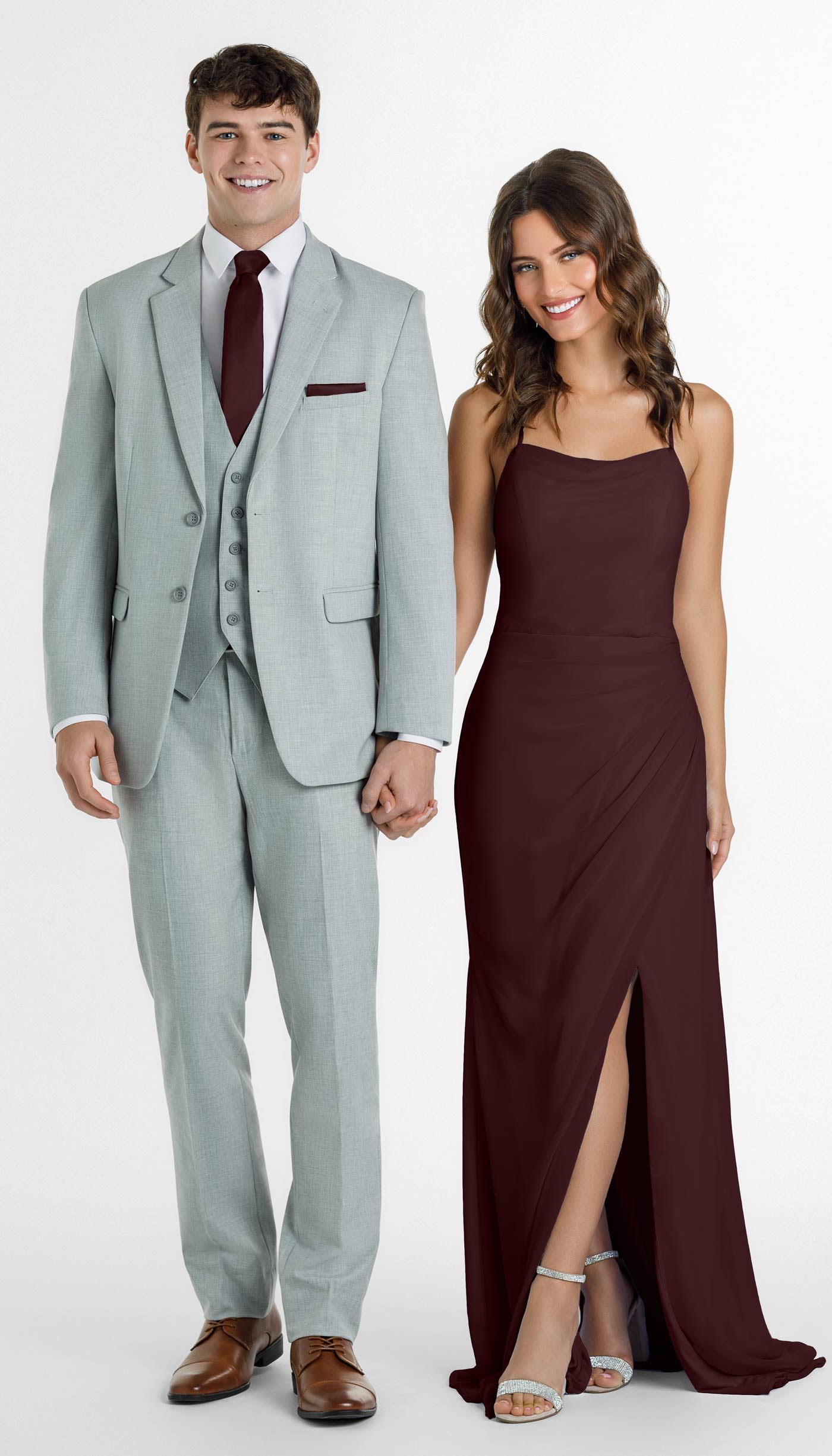 light grey suit with mahogany bridesmaid dress