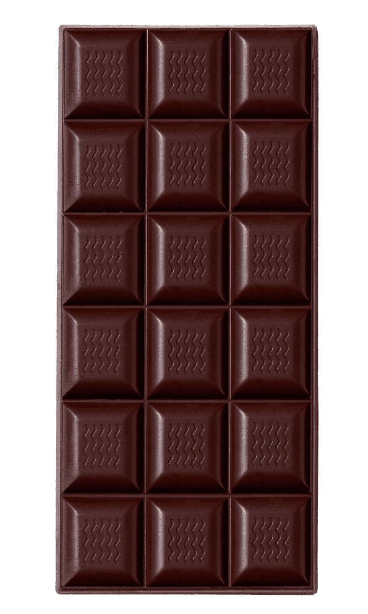 A chocolate bar with 16 squares arranged in a grid pattern.