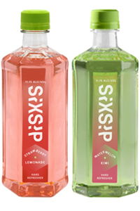 Two bottles of flavored beverages: strawberry lemonade and watermelon kiwi.