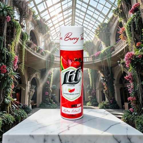 Canister of flavored beverage in a botanical garden setting.