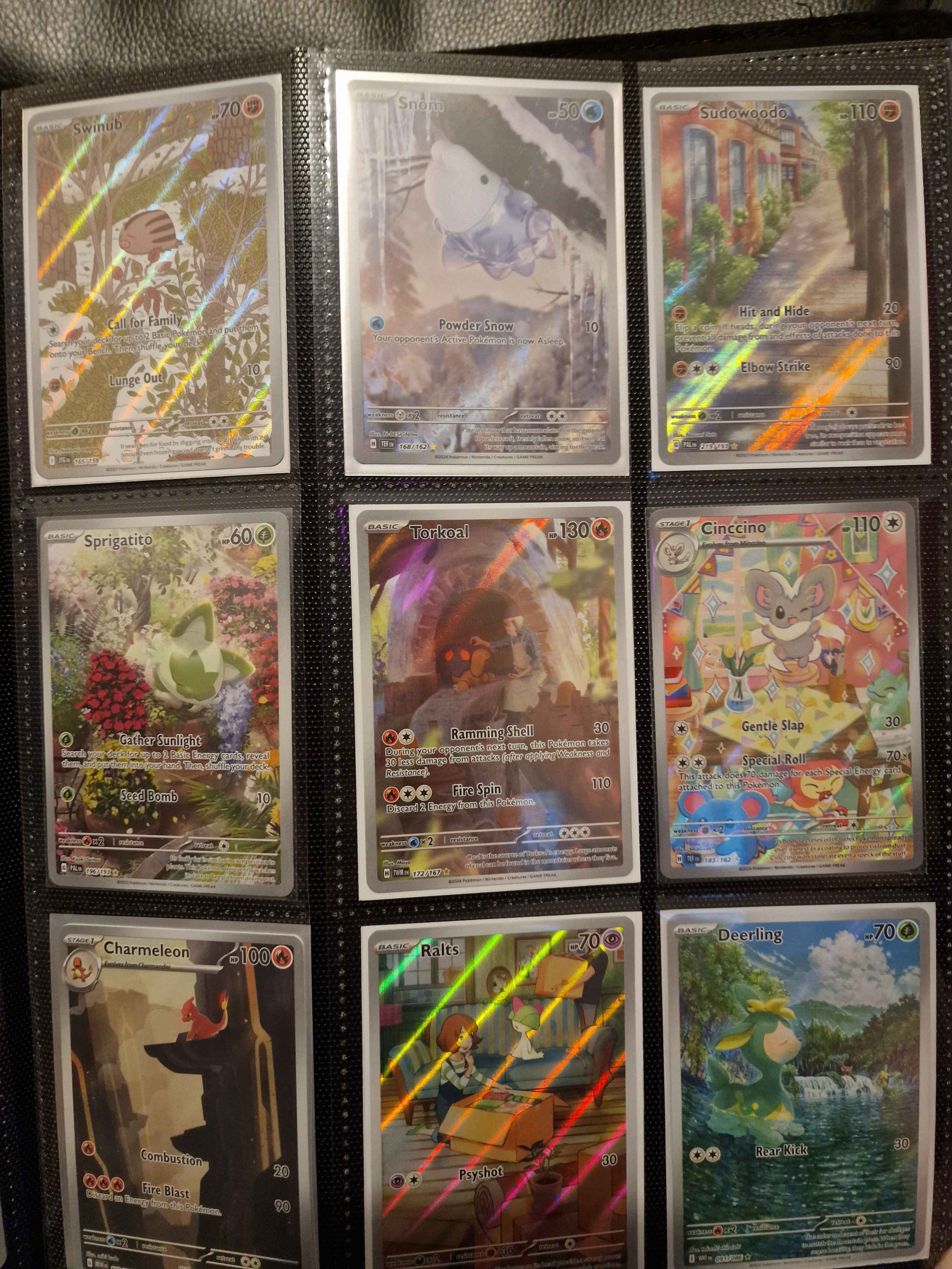 A Pokémon binder page featuring the Sprigatito Illustration Rare from Paldea Evolved, surrounded by whimsical cards like Swinub, Snom, and Sudowoodo.