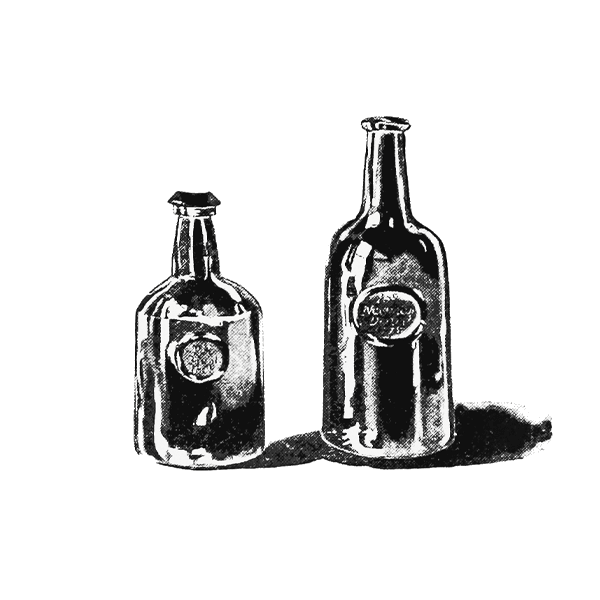 A black and white etched illustration of two bottles of spirits.
