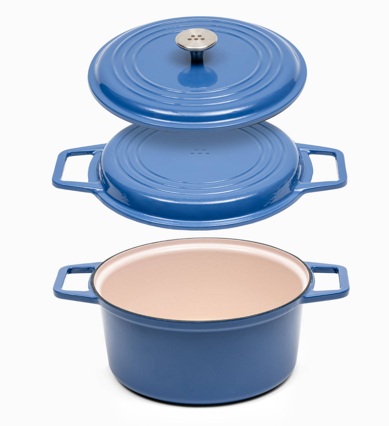 A blue Misen Dutch Oven, Silicone Lid, Grill Lid, and Traditional Lid displayed on a white seamless background.