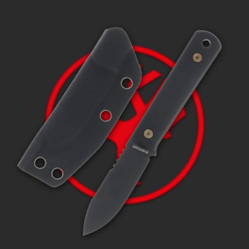 Black knife with sheath on a red and black background.