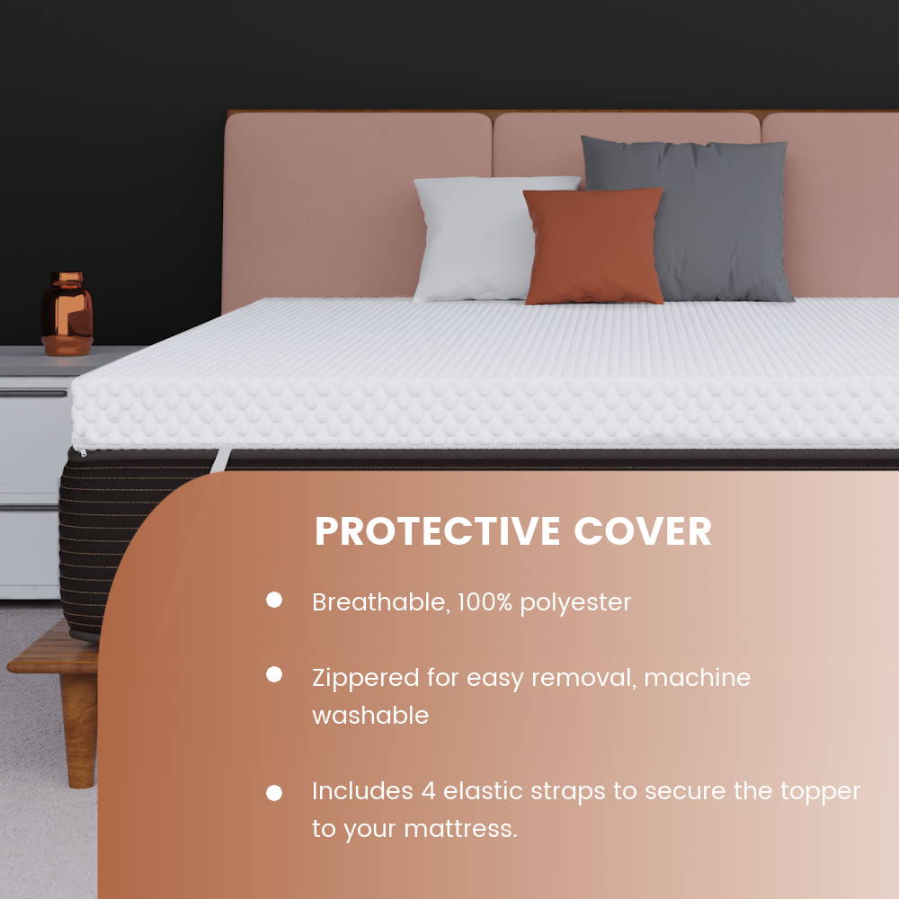 Copper infused mattress topper protective cover: Breathable polyester, zippered for easy removal and machine washable, includes 4 elastic straps to secure the topper to your mattress. 