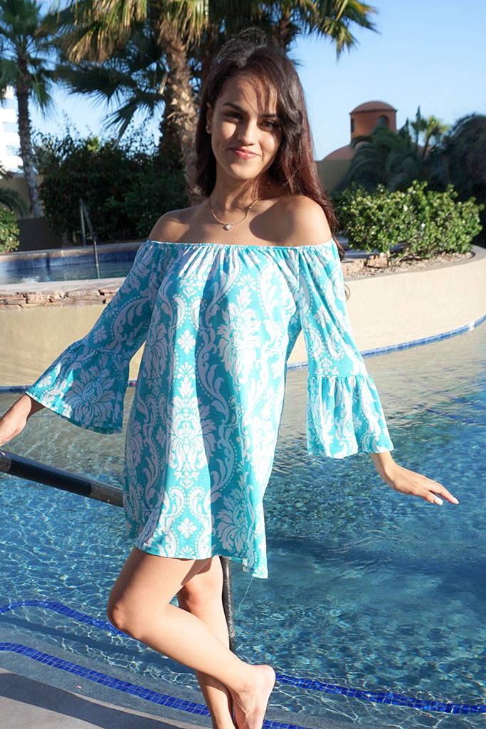 Romantic Fantasy Blue And White Print Off The Shoulder Dress