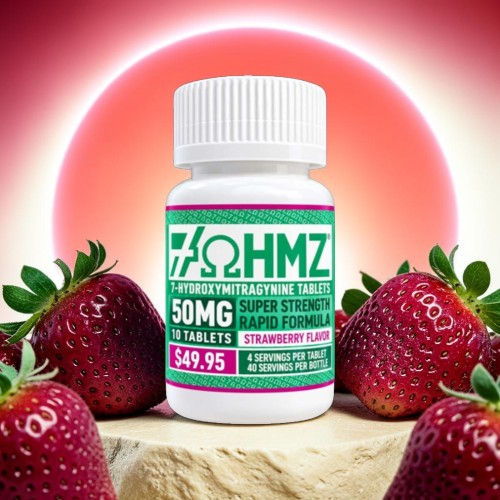 Bottle of tablets surrounded by strawberries with a glowing background.