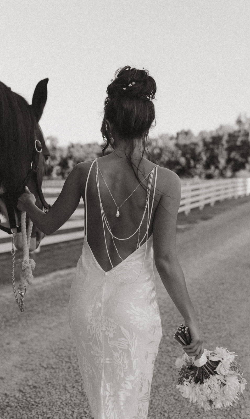 Braut mit Pferd schwarz und weiß Bild