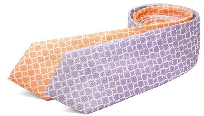 Purple and orange necktie with trellis pattern