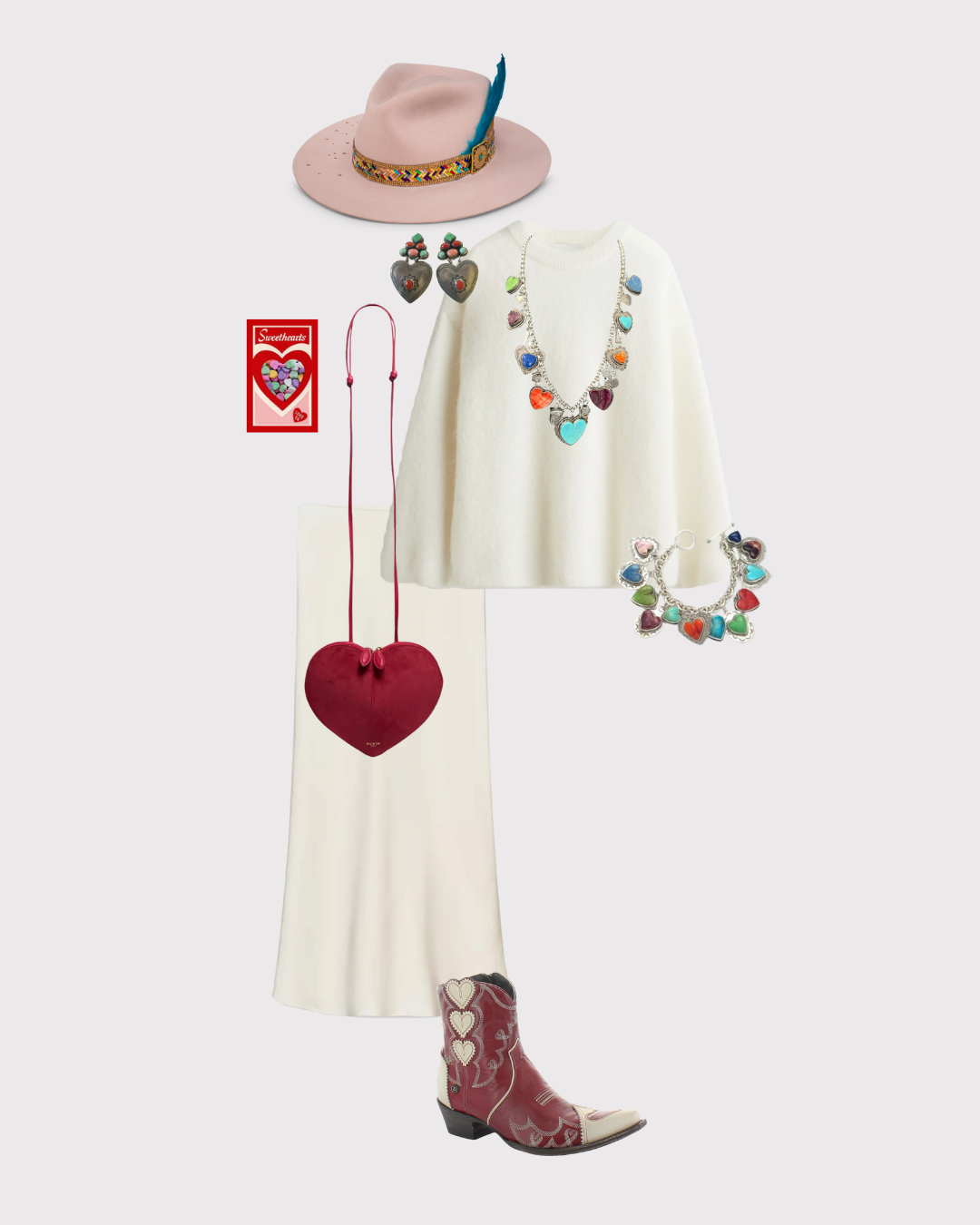 Outfit featuring a hat, jewelry, dress, and boots in a stylish arrangement.