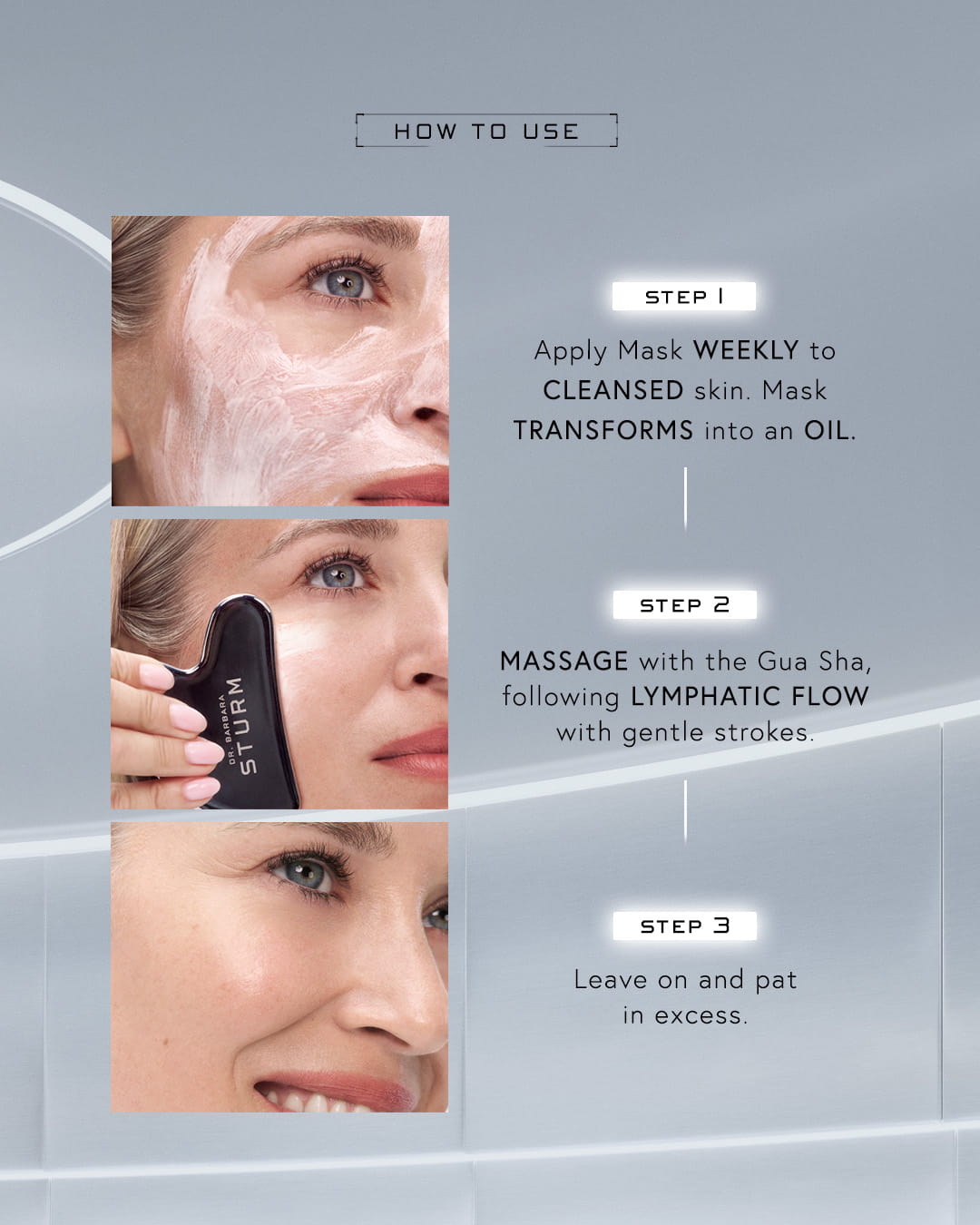 Instructions for using a facial mask with steps and images.