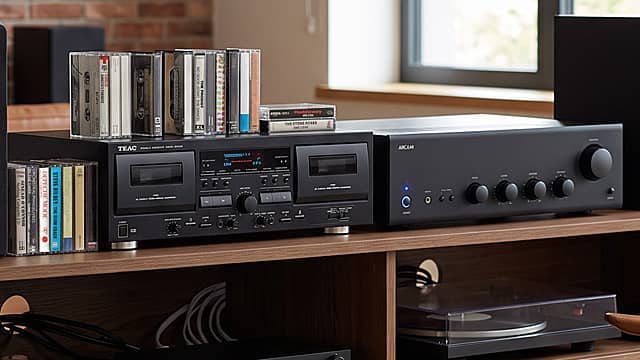A vintage audio setup with a cassette deck and amplifier.