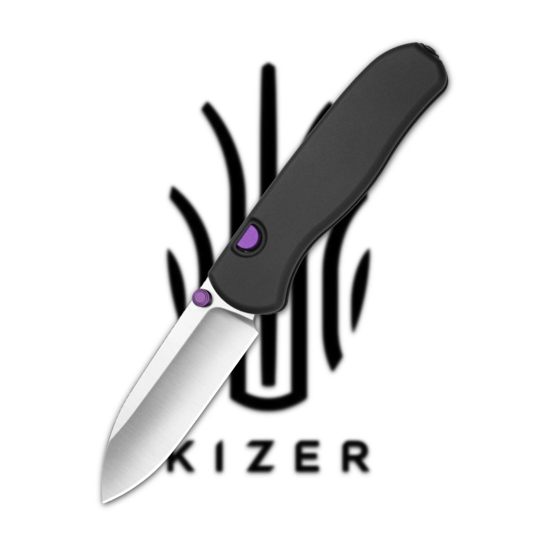 A folding knife with a black handle and silver blade, featuring Kizer logo.