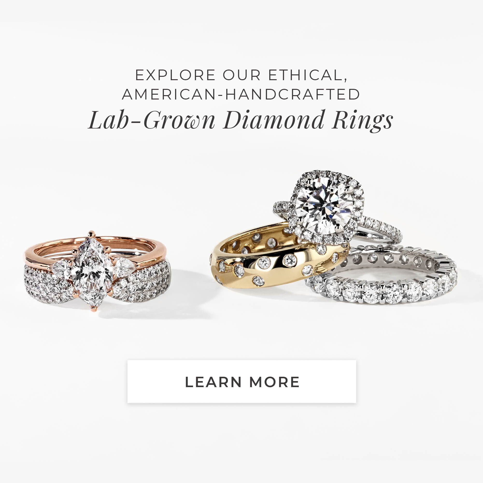 A selection of different Lab Grown Diamond engagement rings, wedding bands, and fashion rings
