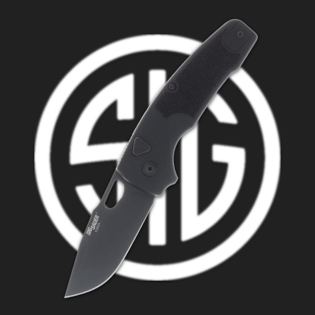 Black folding knife on a dark background with a circular logo.