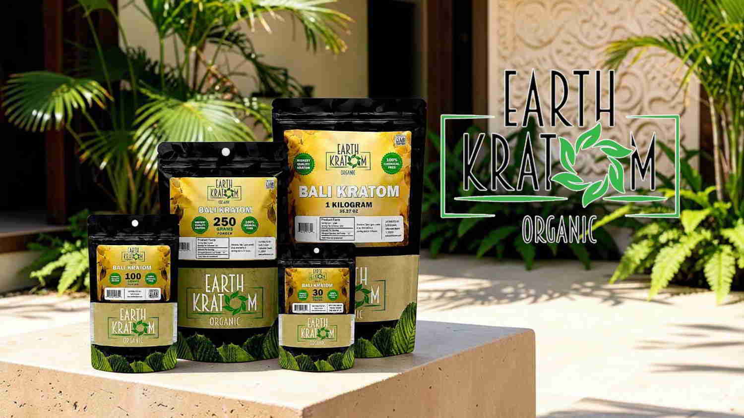 Various organic product containers displayed outdoors with greenery in the background.