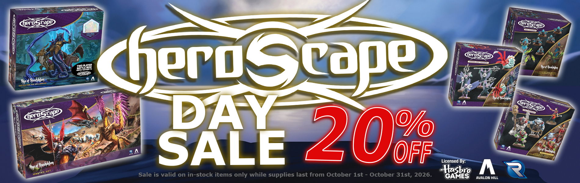 Heroscape Day Sale banner with 20% off on game sets.