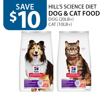 $10 off Hill's Science Diet dog (20lb+) & cat (10lb+)
