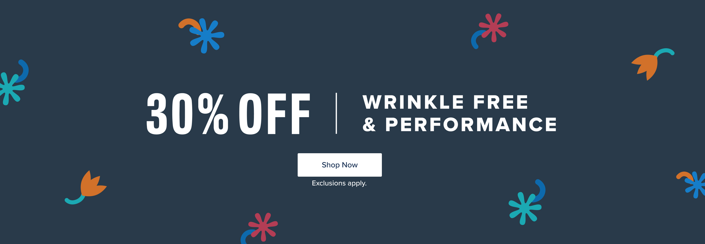 Promotional banner offering 30% off on wrinkle-free performance products.