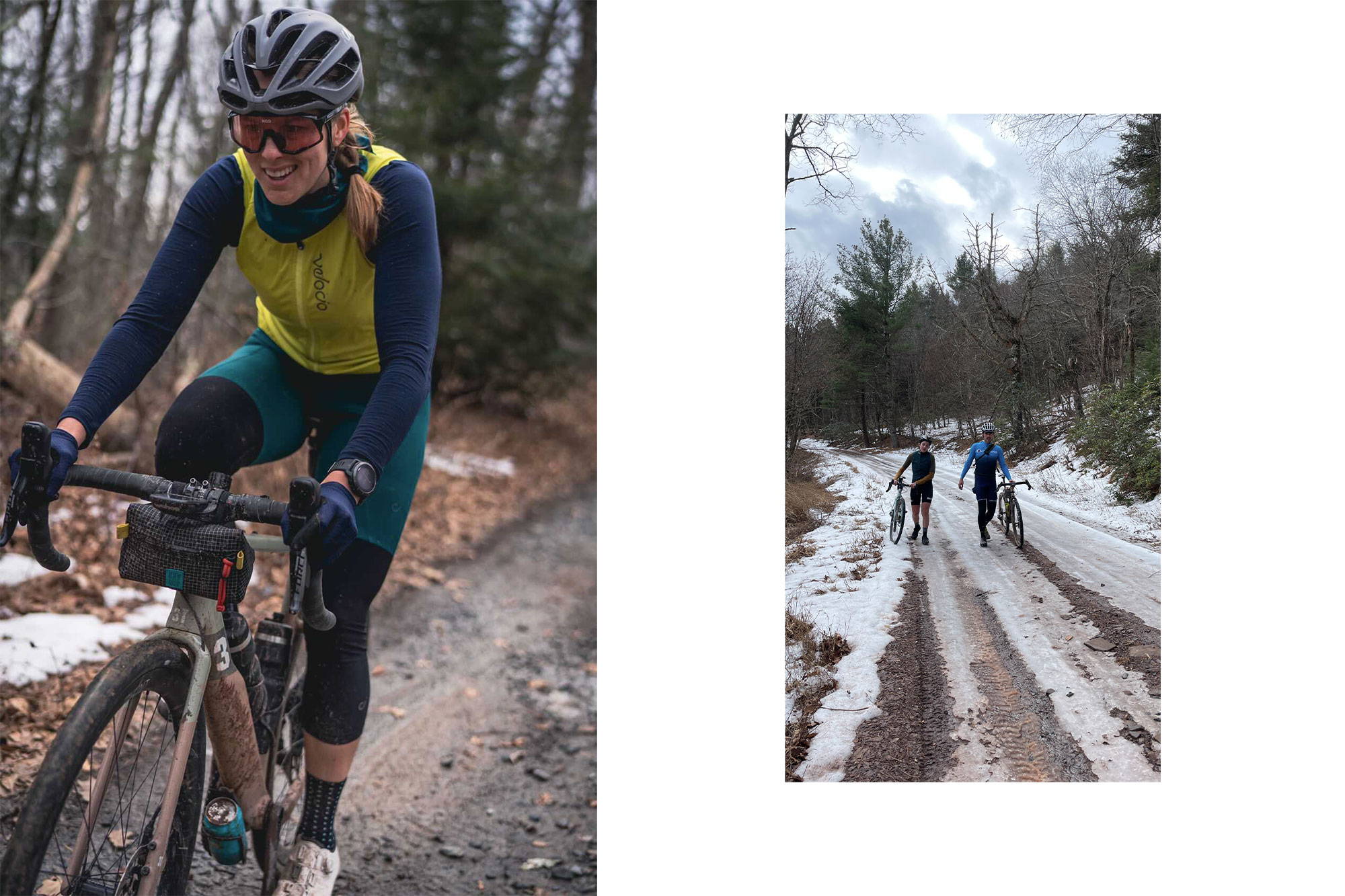 Cynthia riding with her friend in the snow