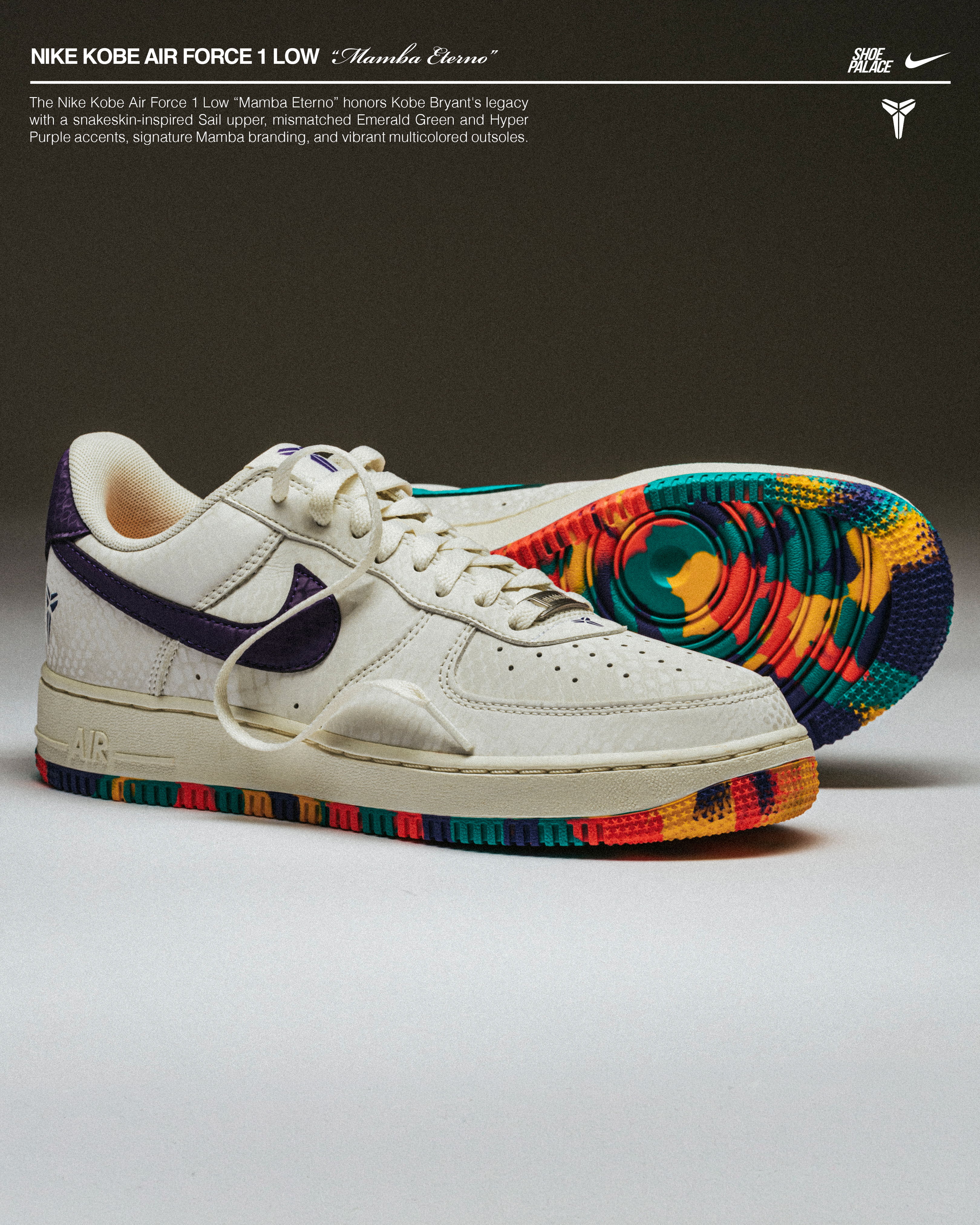 Nike Kobe Air Force 1 Low sneakers with colorful sole and white upper.
