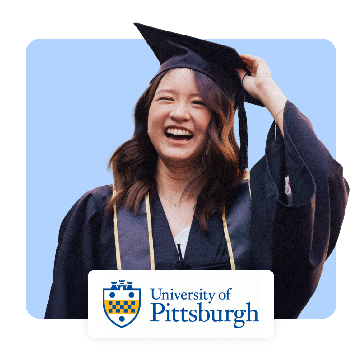 Happy graduate in cap and gown celebrating at the University of Pittsburgh.