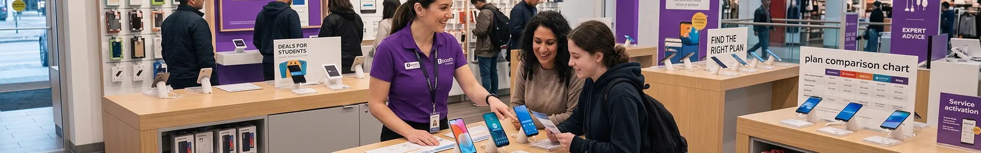 A tbooth wireless advisor helping a parent and student compare affordable phones.