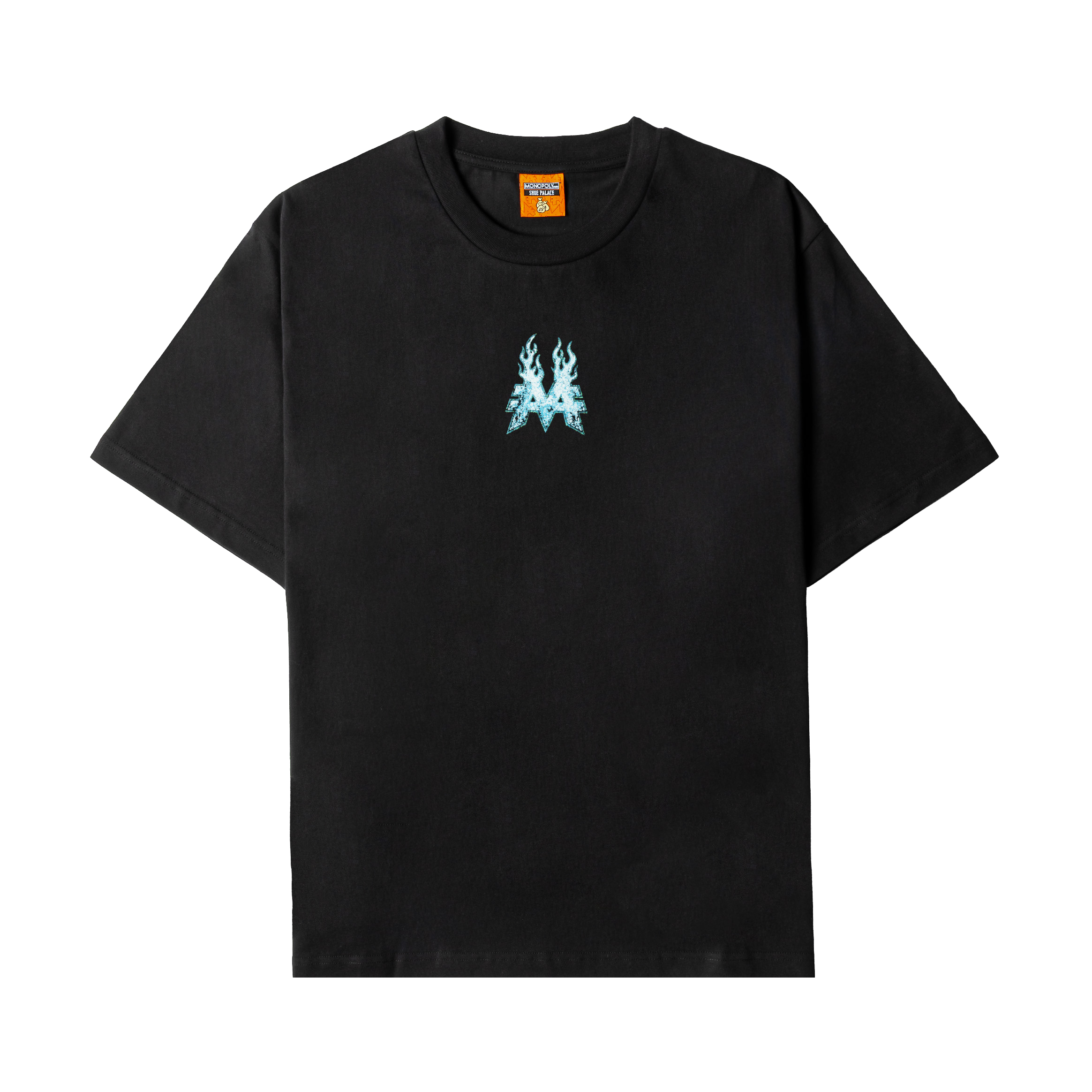 Black t-shirt with blue graphic design on the front.