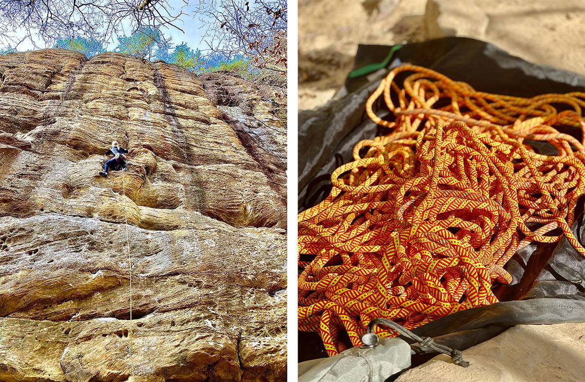 Climber on a rock wall with a bag of Helix 9.5 mm rope by it 