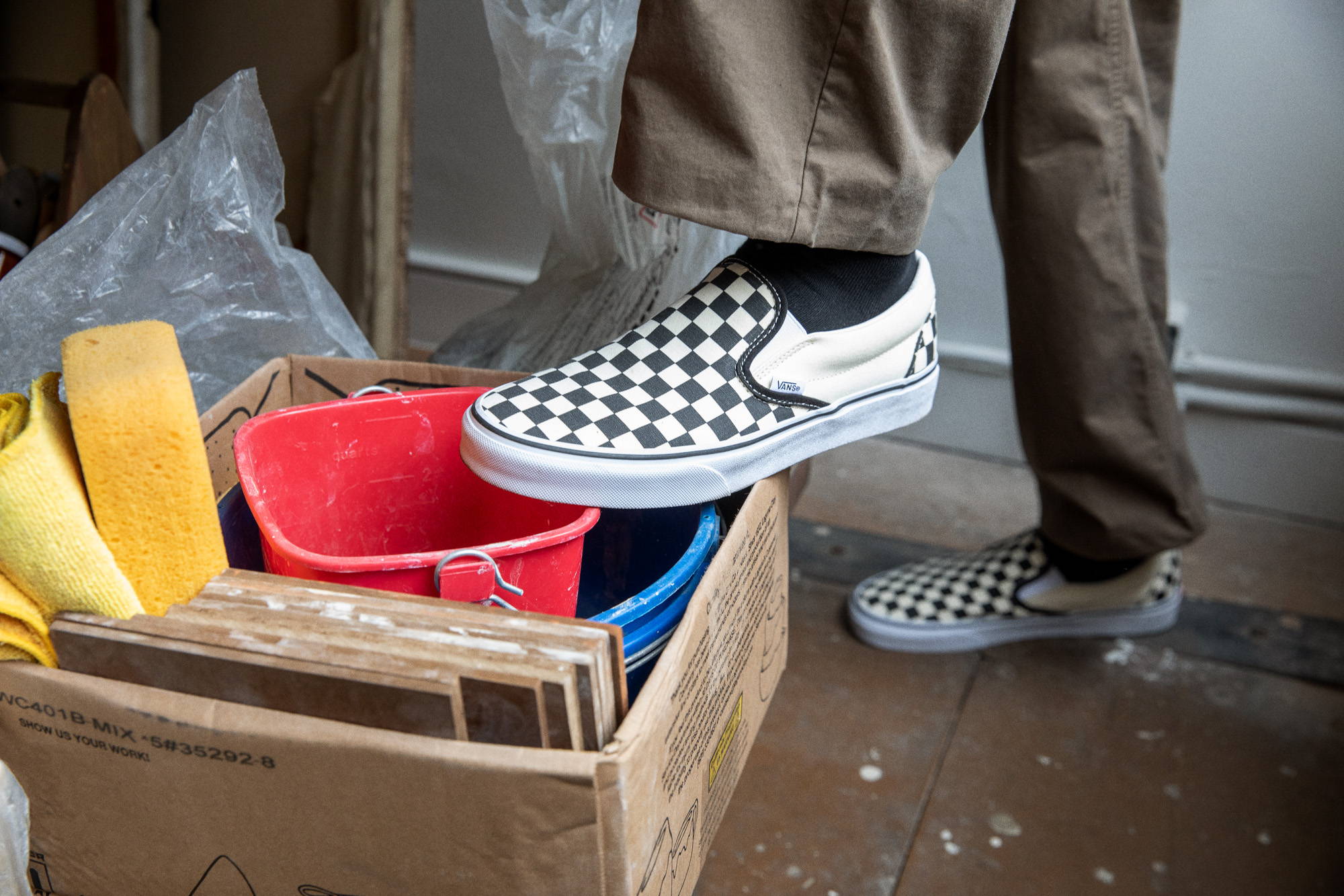 on feet look of white/black checkered vans