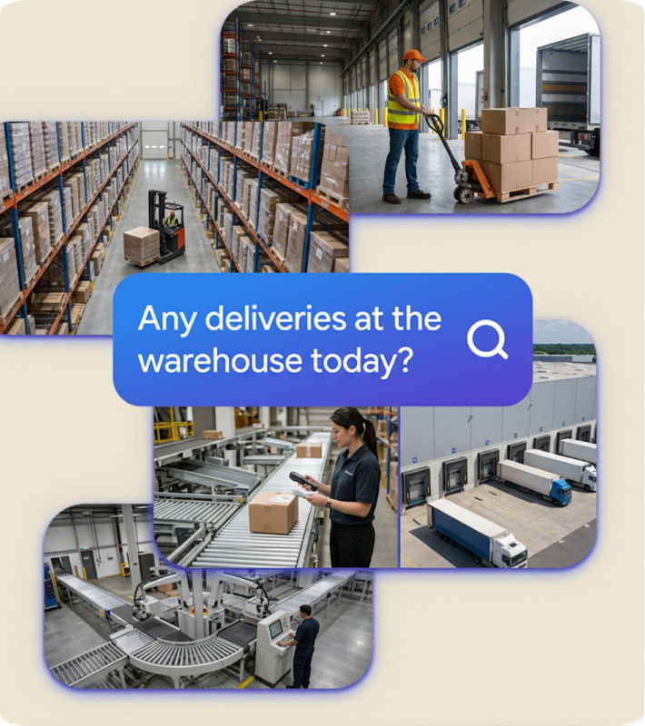 Collage of warehouse surveillance scenes including forklifts, loading docks, and package sorting with an on-screen search query for deliveries