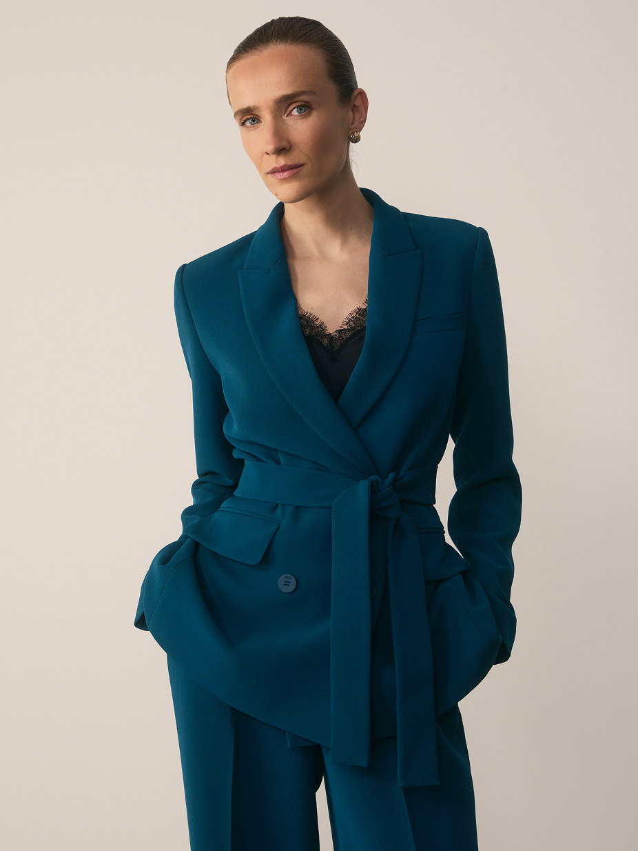 Model wearing Clever Crepe Doppio Almeida Jacket Dark Teal