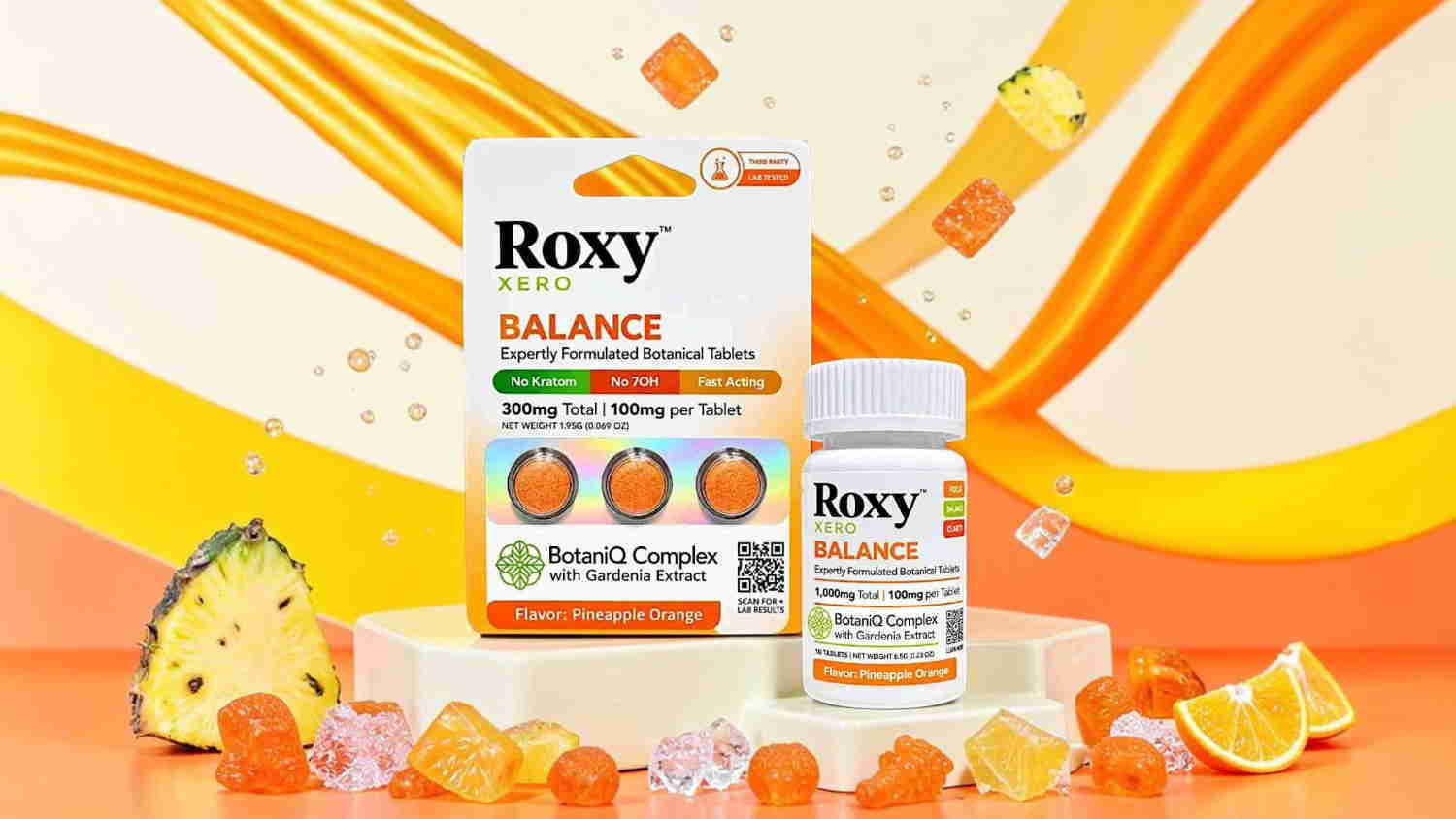 Roxy Balance supplement packaging with colorful background and fruit-themed elements.