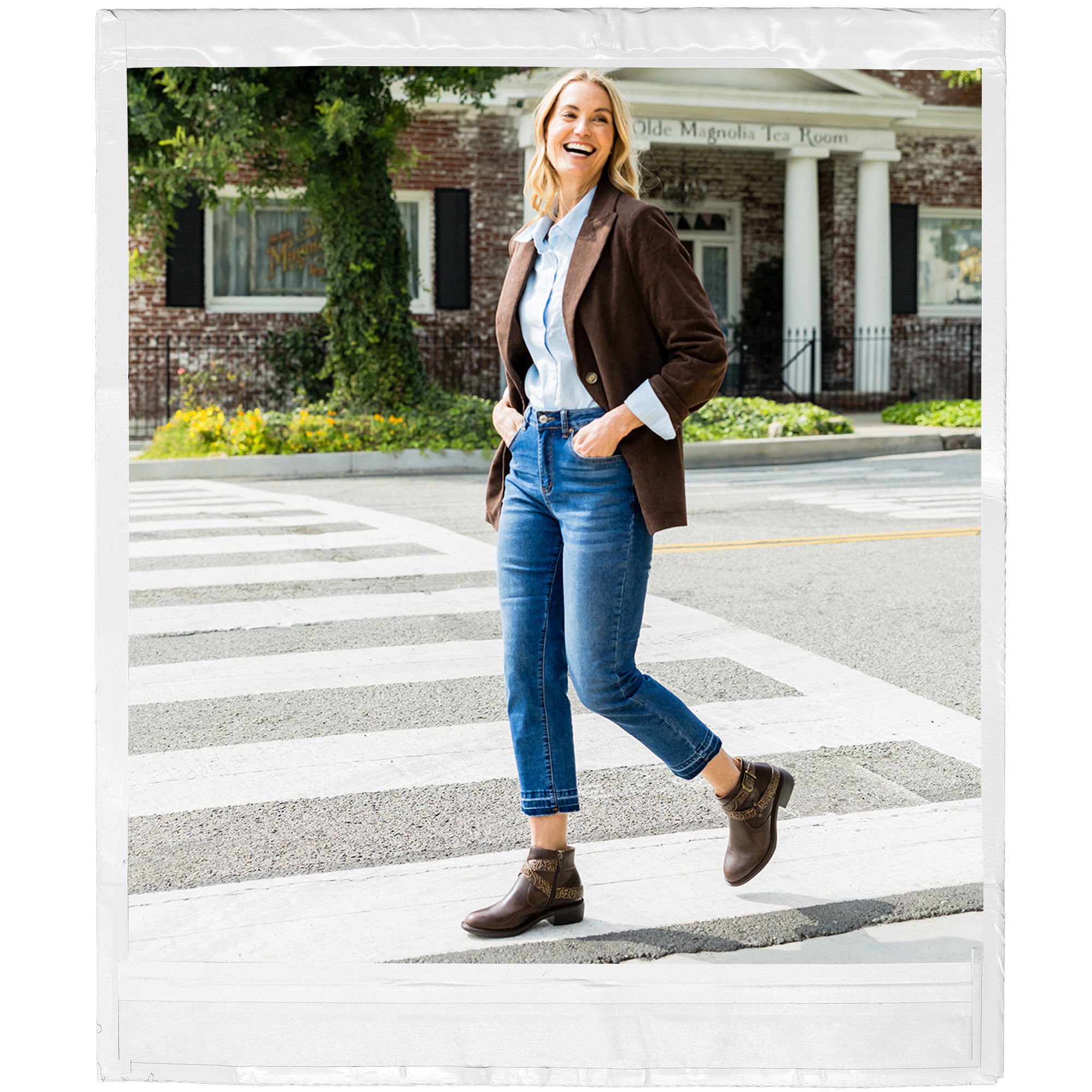 Model wearing Millie Embroider Me Brown boot | Alegria Shoes