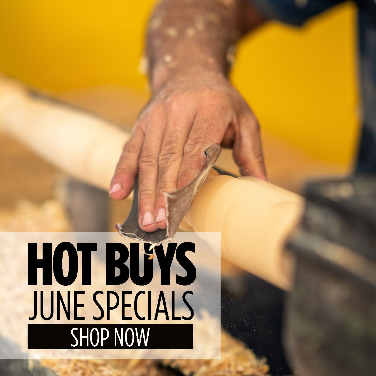 Person shaping wood with a tool, surrounded by wood shavings and promotional text.