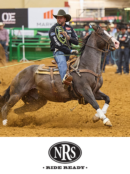 Cowboy riding a horse at a rodeo event, with a logo below.