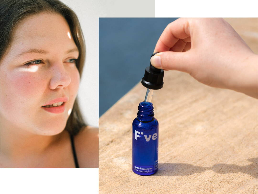 Open serum for facial care in summer and young woman with sun on her face