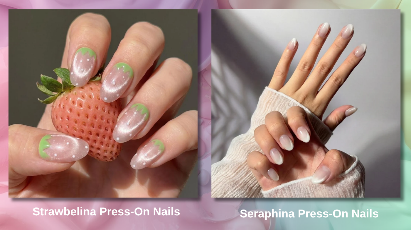 Pastel neutral manicure in soft beige, sand, and cream tones using EyeCandys Strawbelina and Seraphina press-on nails for minimalist elegant nail look