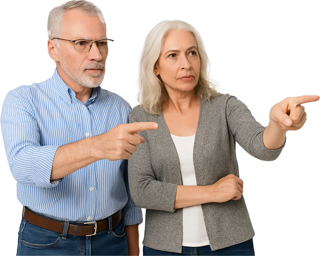 Older couple pointing and looking concerned.