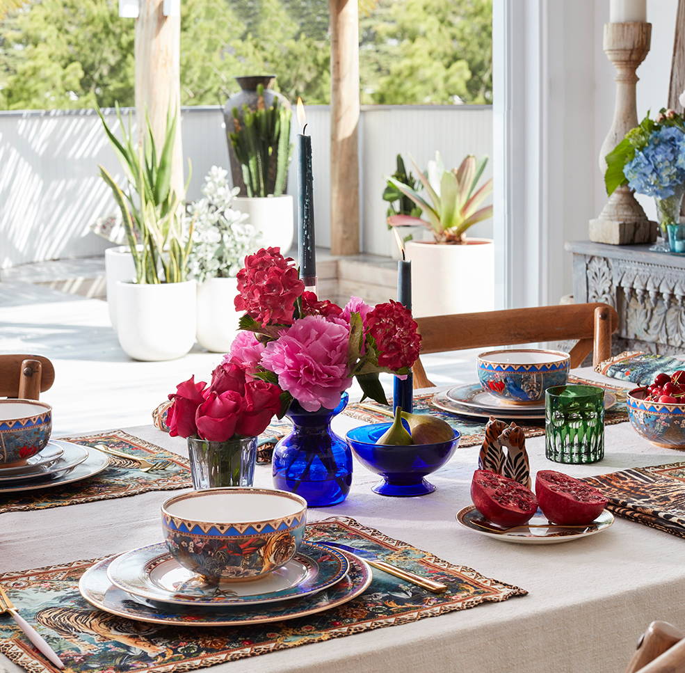 CAMILLA homewares on table settting, placemats, bowls, plates