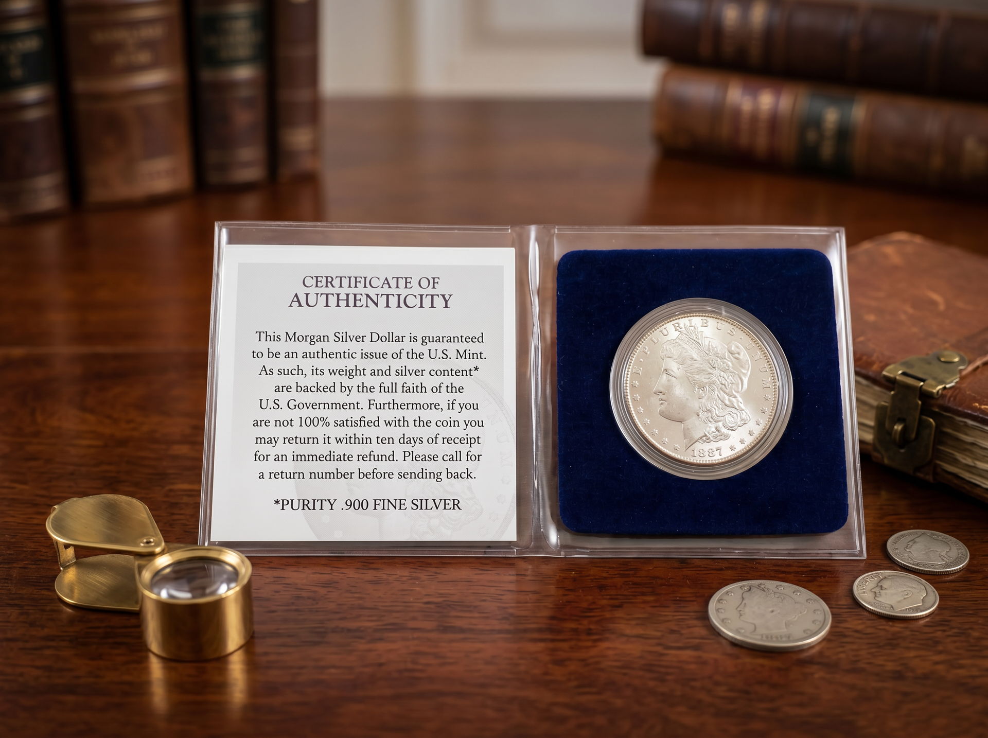 Morgan Silver Dollar in protective capsule with Certificate of Authenticity
