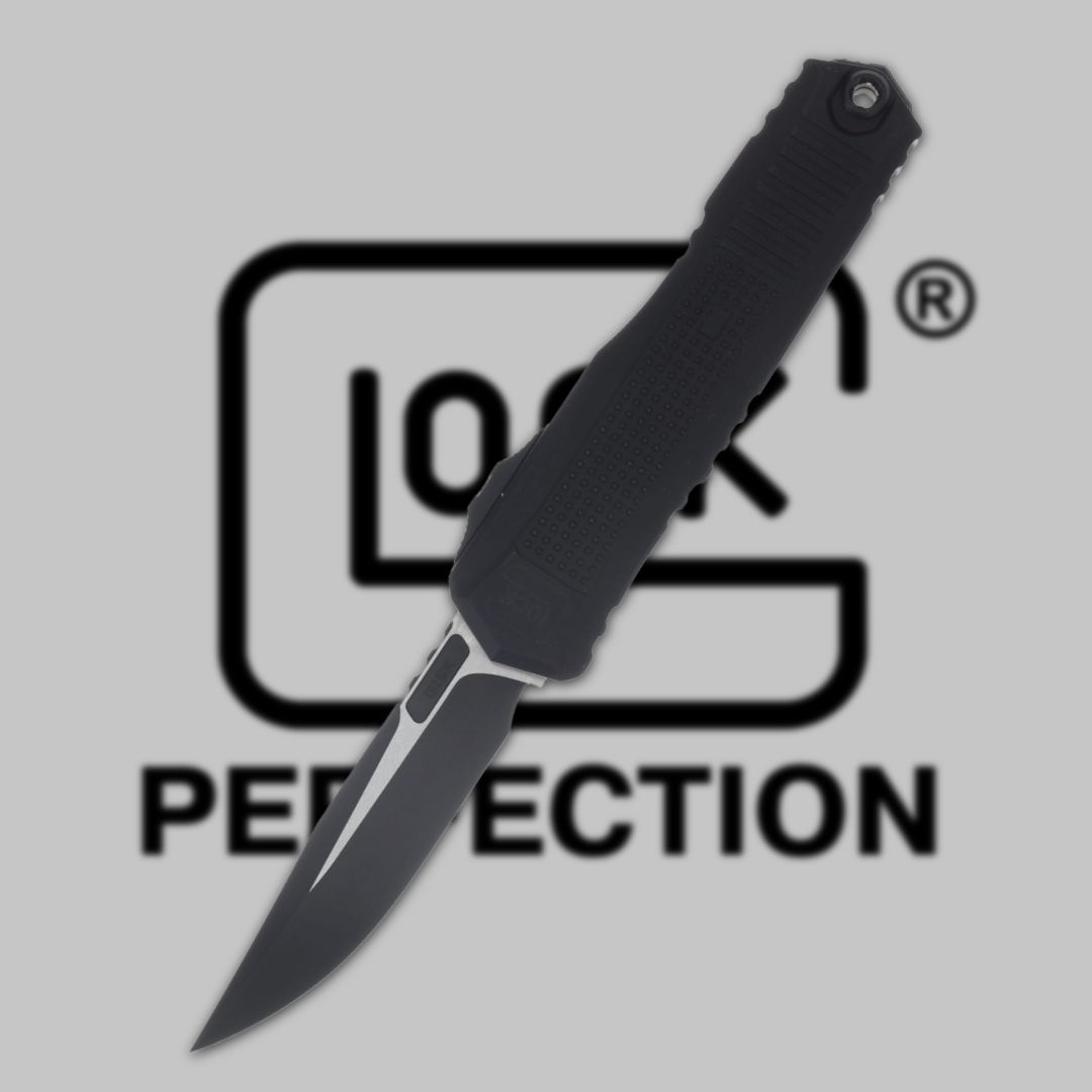 Black knife with a logo reading 