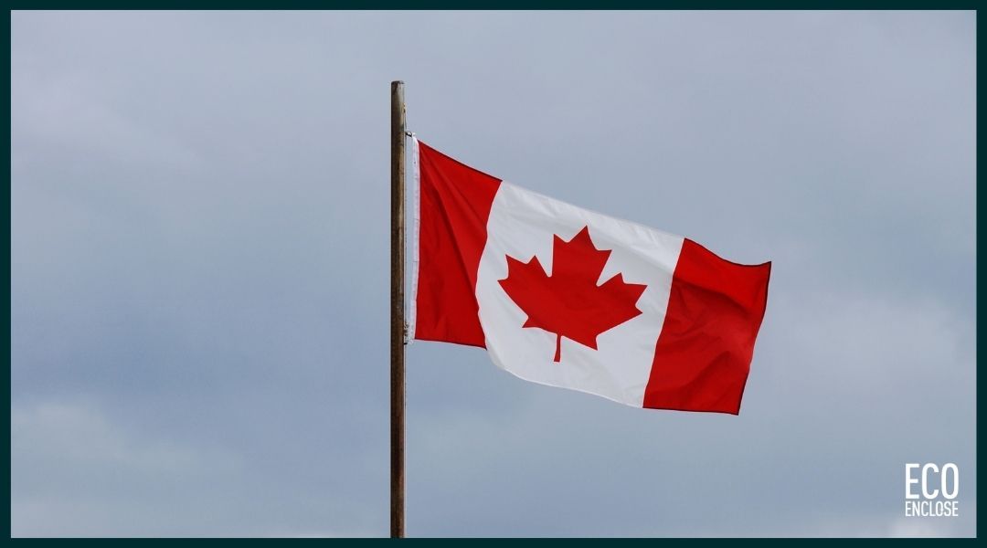 Canadian flag waving against a cloudy sky.