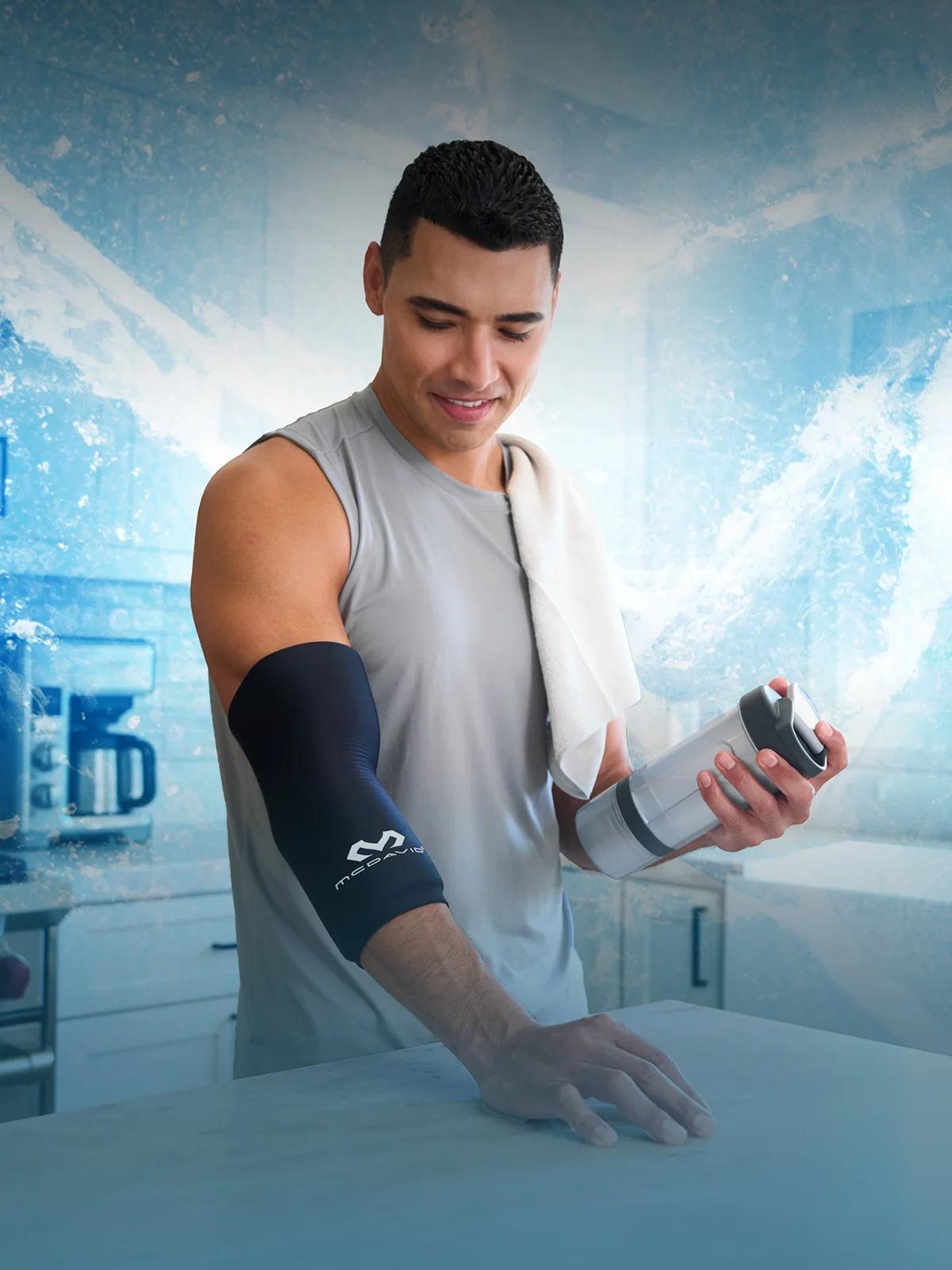 Man in athletic wear preparing a protein shake in a bright kitchen.