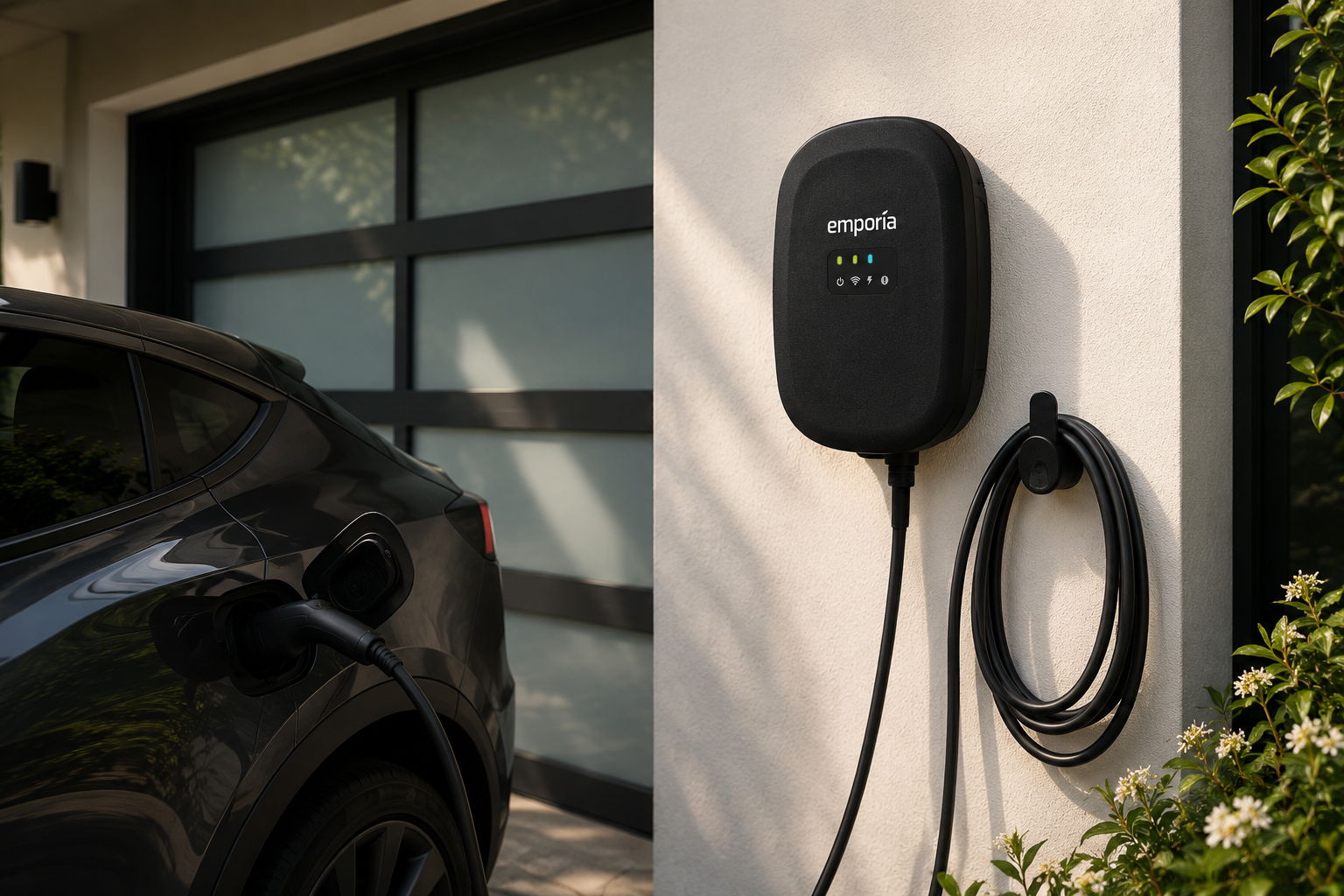 Electric vehicle charger mounted on a wall next to a parked car.