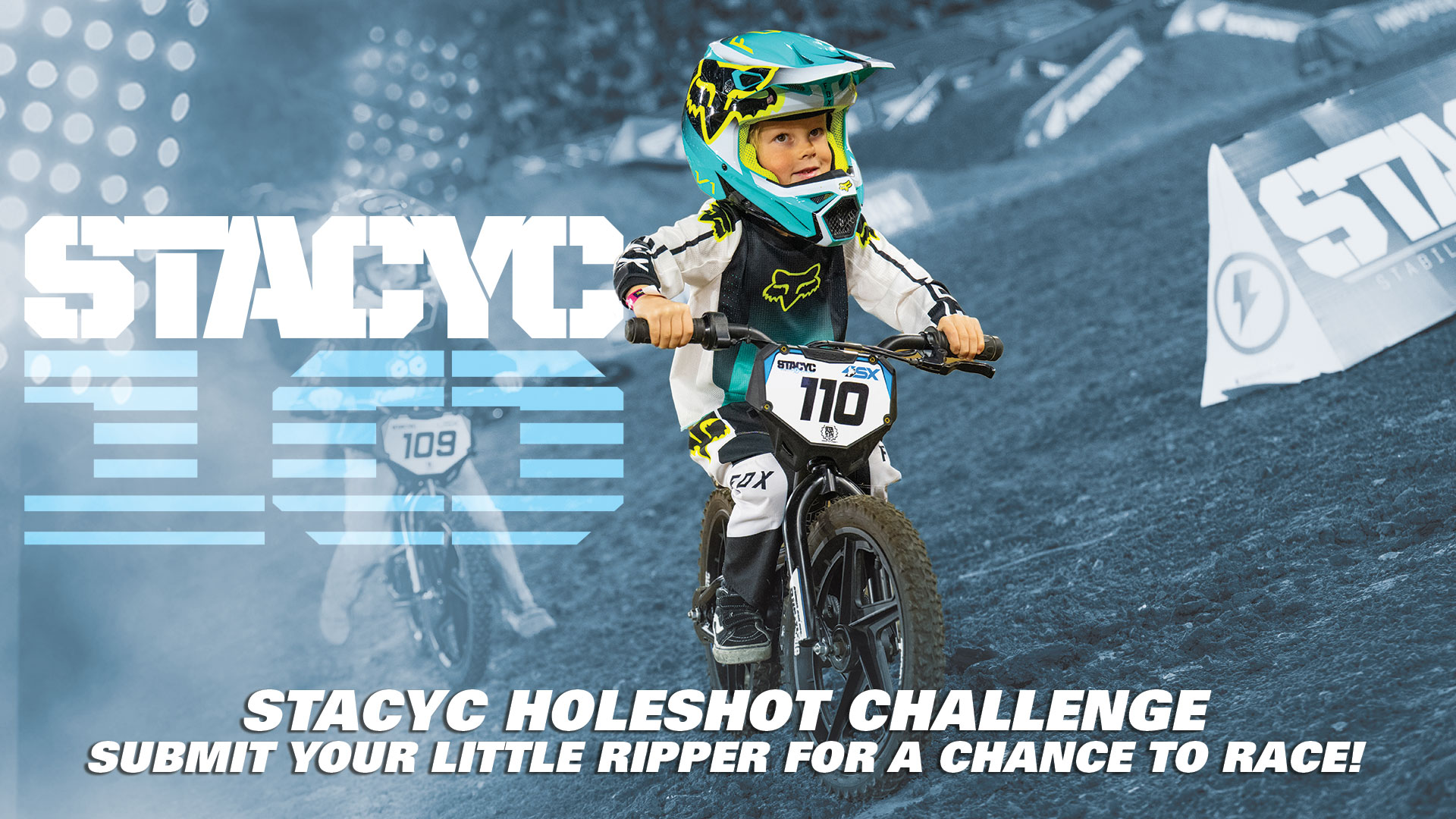 Child riding a bicycle in a racing challenge advertisement.