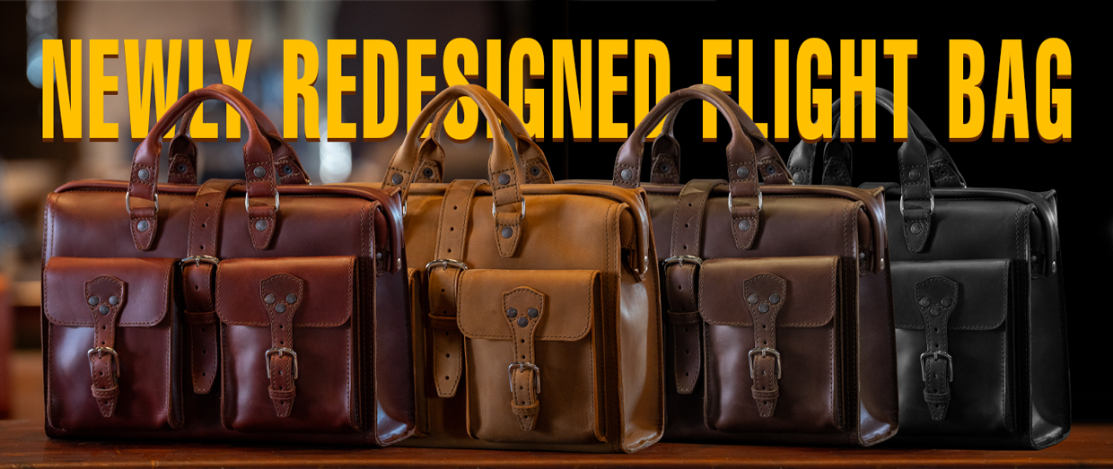 Newly redesigned flight bags in various colors displayed together.
