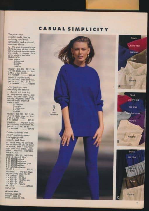 Sears 1992 Fall/Winter – this bold blue look is simple yet super 90s. With tunics all the rage, simply match a solid one with a pair of coordinating leggings.